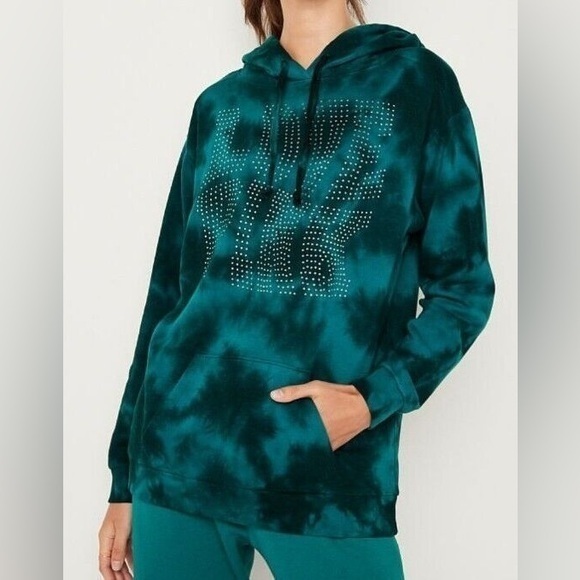 VICTORIA SECRET PINK Green Black Tie Dye FLEECE PULLOVER CAMPUS HOODIE Warped - Picture 1 of 8